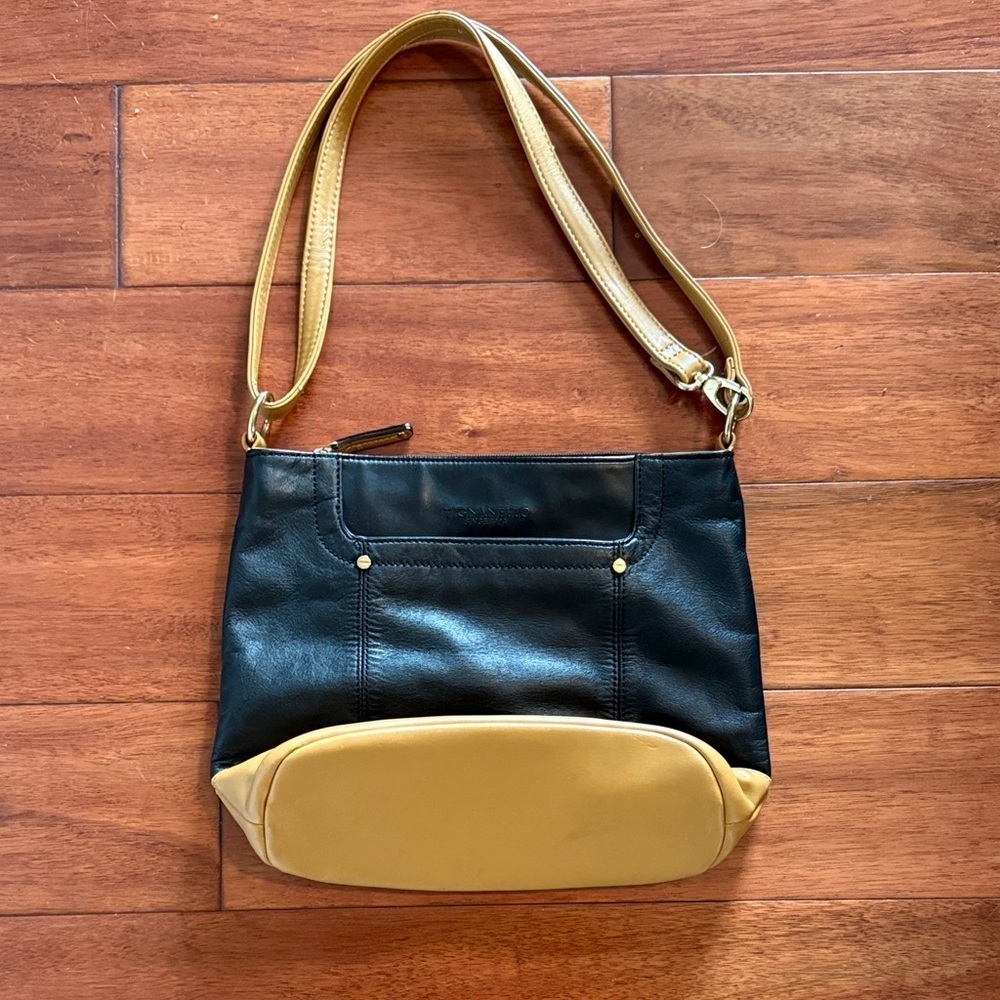 Tignanello Two-Tone Black and Tan Shoulder Crossbody Bag Geniune Leather